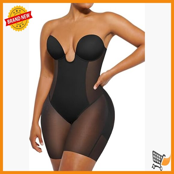 Strapless Shapewear Bodysuit Tummy Control Backless Plunge Mid Thigh